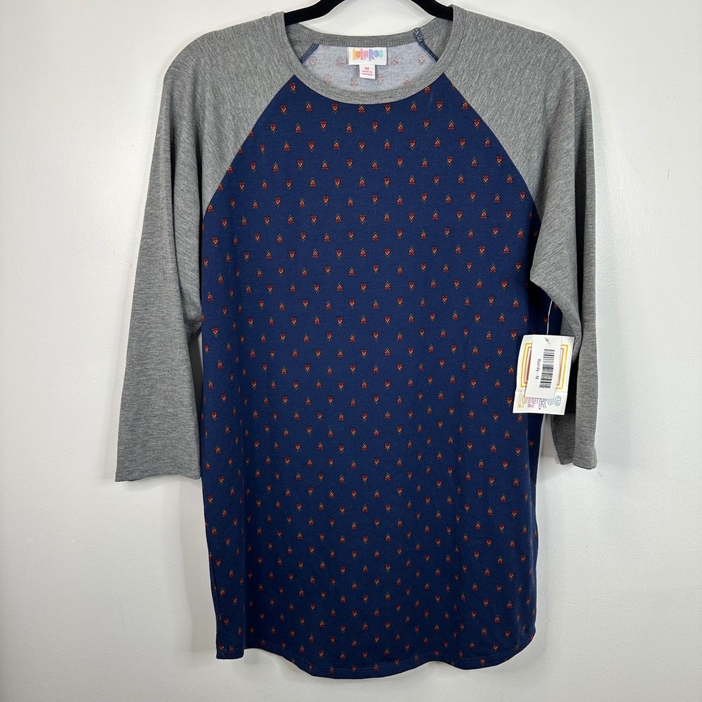 NWT LuLaRoe Randy Raglan Shirt Medium Blue Gray Patterned‎ 3/4 Sleeve Casual